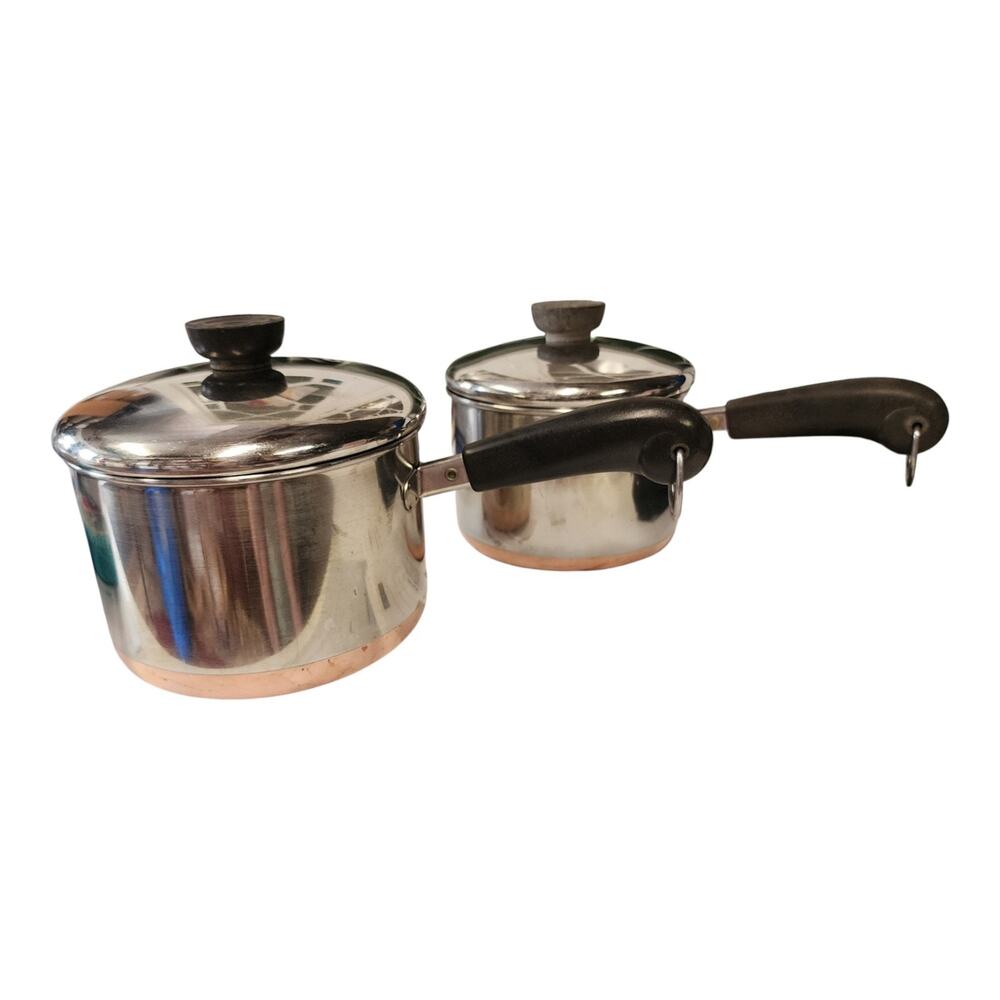 VTG Revere Ware Copper Bottom Saucepan Lot 2qt & 1.5qt w/Lids Clinton IL USA
